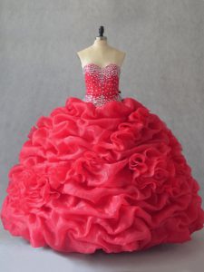 Exceptional Coral Red Ball Gowns Sweetheart Sleeveless Beading and Pick Ups Floor Length Lace Up Vestidos de Quinceanera