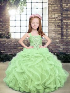 Delicate Yellow Green Tulle Lace Up Kids Formal Wear Sleeveless Floor Length Beading and Ruffles