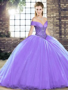 Lavender Ball Gowns Beading Sweet 16 Dresses Lace Up Organza Sleeveless