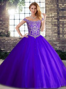 Popular Purple Tulle Lace Up Off The Shoulder Sleeveless Ball Gown Prom Dress Brush Train Beading