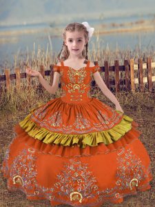 Rust Red Ball Gowns Satin Off The Shoulder Sleeveless Beading and Embroidery Floor Length Lace Up Little Girls Pageant Gowns