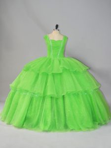 Straps Neckline Beading and Ruffled Layers and Ruching 15th Birthday Dress Sleeveless Lace Up