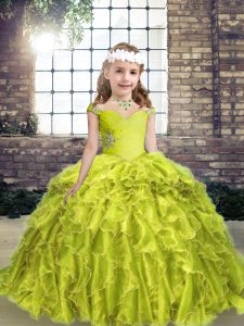 Organza Sleeveless Floor Length Child Pageant Dress and Beading and Ruffles