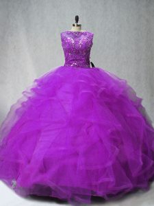 Low Price Purple Tulle Lace Up Sweet 16 Quinceanera Dress Sleeveless Brush Train Beading and Ruffles