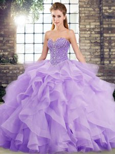 Charming Tulle Sweetheart Sleeveless Brush Train Lace Up Beading and Ruffles Quince Ball Gowns in Lavender