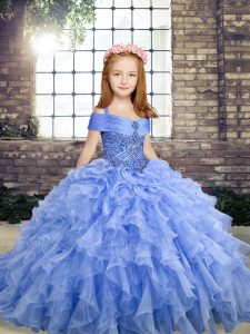 Blue Sleeveless Floor Length Beading and Ruffles Lace Up Kids Formal Wear