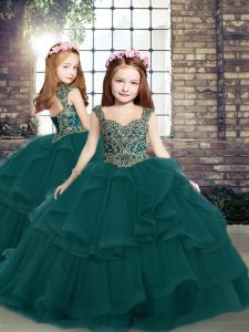 Custom Designed Peacock Green Ball Gowns Tulle Straps Sleeveless Beading and Ruffles Floor Length Lace Up Kids Pageant Dress