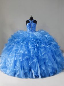 Cute Blue Quinceanera Gowns Scoop Sleeveless Brush Train Zipper