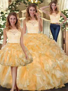 Gold Sleeveless Floor Length Lace and Ruffles Clasp Handle 15th Birthday Dress