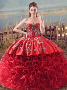 Charming Coral Red Ball Gowns Embroidery and Ruffles Quince Ball Gowns Lace Up Fabric With Rolling Flowers Sleeveless
