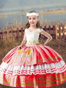 Watermelon Red Ball Gowns Embroidery Little Girls Pageant Dress Lace Up Satin Sleeveless Floor Length