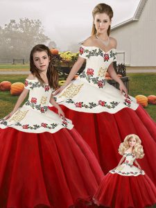Fantastic White And Red Ball Gowns Embroidery 15th Birthday Dress Lace Up Organza Sleeveless Floor Length