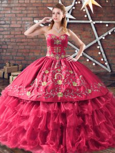 Red Sleeveless Satin and Organza Lace Up Quinceanera Dress for Sweet 16 and Quinceanera