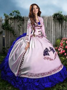 Custom Made Blue And White Sleeveless Floor Length Embroidery and Ruffles Lace Up Quince Ball Gowns