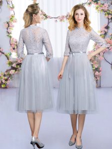 Grey Empire High-neck Half Sleeves Tulle Tea Length Zipper Lace and Belt Quinceanera Dama Dress