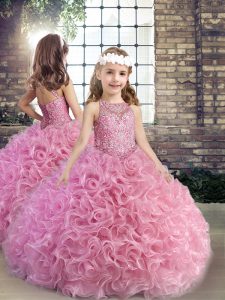 Custom Fit Pink Lace Up Scoop Beading Child Pageant Dress Fabric With Rolling Flowers Sleeveless