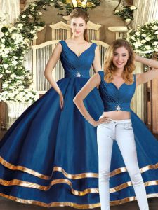 Attractive Sleeveless Tulle Floor Length Backless Quinceanera Dresses in Navy Blue with Beading and Ruffled Layers