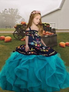 Artistic Embroidery and Ruffles Little Girl Pageant Dress Teal Lace Up Sleeveless Floor Length