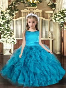 Blue Child Pageant Dress Party and Wedding Party with Ruffles Scoop Sleeveless Lace Up