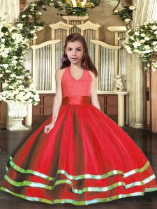Red Tulle Lace Up Halter Top Sleeveless Floor Length Child Pageant Dress Ruffled Layers