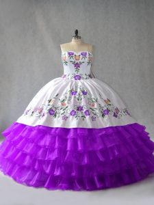 White And Purple Ball Gowns Organza Sweetheart Sleeveless Embroidery and Ruffled Layers Floor Length Lace Up Quinceanera Dress