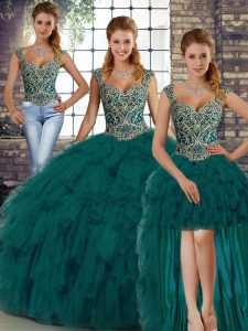 Peacock Green Sleeveless Organza Lace Up Ball Gown Prom Dress for Military Ball and Sweet 16 and Quinceanera