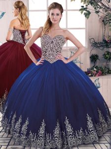 Floor Length Royal Blue Sweet 16 Quinceanera Dress Tulle Sleeveless Beading and Embroidery