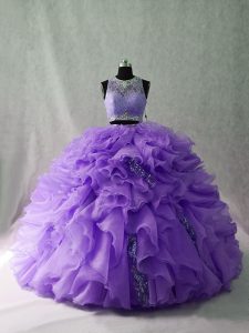 Lavender Ball Gowns Scoop Sleeveless Organza and Sequined Floor Length Brush Train Zipper Beading and Ruffles Vestidos de Quinceanera