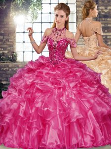 Eye-catching Fuchsia Halter Top Lace Up Beading and Ruffles Sweet 16 Dresses Sleeveless