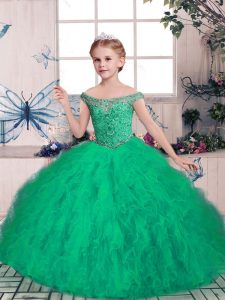 Green Little Girls Pageant Gowns Party and Sweet 16 and Wedding Party with Beading Off The Shoulder Sleeveless Lace Up