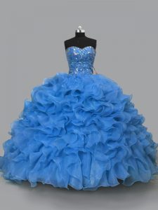 Fantastic Sweetheart Sleeveless Quince Ball Gowns Floor Length Beading and Ruffles Blue Organza