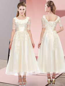 Exceptional Tea Length Champagne Dama Dress for Quinceanera Tulle Short Sleeves Beading and Lace