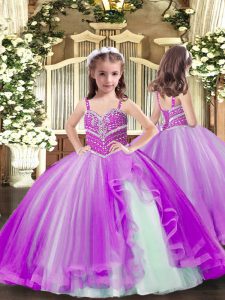 Nice Purple Tulle Lace Up Kids Pageant Dress Sleeveless Floor Length Beading