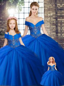 Chic Lace Up Quince Ball Gowns Royal Blue for Military Ball and Sweet 16 and Quinceanera with Beading and Pick Ups Brush Train