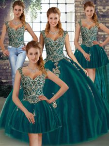 Wonderful Peacock Green Ball Gowns Straps Sleeveless Tulle Floor Length Lace Up Beading and Appliques Ball Gown Prom Dress