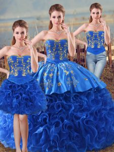 High Class Sleeveless Floor Length Embroidery and Ruffles Lace Up Quince Ball Gowns with Royal Blue