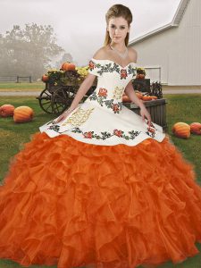 Off The Shoulder Sleeveless Quinceanera Dresses Floor Length Embroidery and Ruffles Orange Red Organza