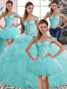 New Style Aqua Blue Ball Gowns Tulle Off The Shoulder Sleeveless Beading and Ruffles Floor Length Lace Up Sweet 16 Dresses