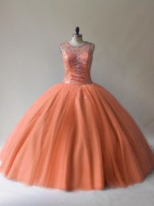 Orange Sleeveless Floor Length Beading Lace Up Quince Ball Gowns