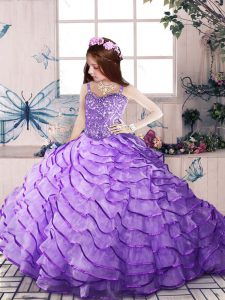 Excellent Lavender Child Pageant Dress Party and Sweet 16 and Wedding Party with Beading and Ruffled Layers Straps Sleeveless Brush Train Lace Up