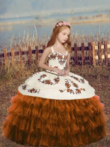Nice Brown Column/Sheath Straps Sleeveless Organza Floor Length Lace Up Ruffled Layers Little Girls Pageant Dress Wholesale