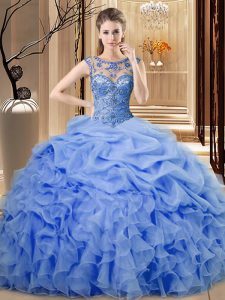 Blue Sleeveless Beading and Ruffles Floor Length Quinceanera Dress