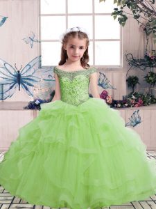 Tulle Scoop Sleeveless Lace Up Beading and Ruffles Little Girl Pageant Gowns in Yellow Green
