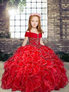 Straps Sleeveless Organza Kids Pageant Dress Beading and Ruffles Lace Up
