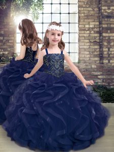 Artistic Floor Length Navy Blue Kids Pageant Dress Tulle Sleeveless Beading and Ruffles