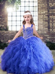 Dazzling Beading and Ruffles Child Pageant Dress Blue Lace Up Sleeveless Floor Length