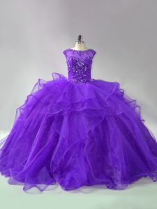 Trendy Scoop Sleeveless Quinceanera Dresses Brush Train Beading and Ruffles Purple Organza