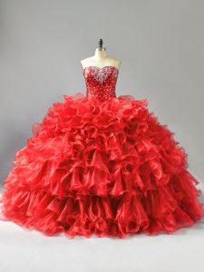 High End Red Lace Up Sweetheart Beading and Ruffles and Sequins Quince Ball Gowns Organza Sleeveless