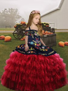 Embroidery Little Girl Pageant Dress Red Lace Up Sleeveless Floor Length
