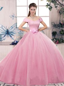 Rose Pink Short Sleeves Floor Length Lace and Hand Made Flower Lace Up Quinceanera Gowns